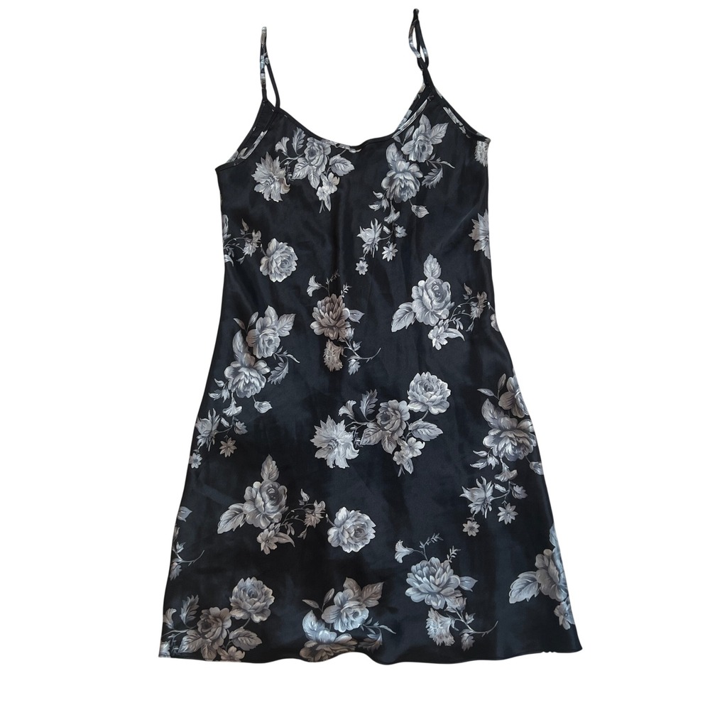 Vintage NY & Co IntimatesY2K Black Satan Slip‎ Dress Silver Floral Pattern Sz M